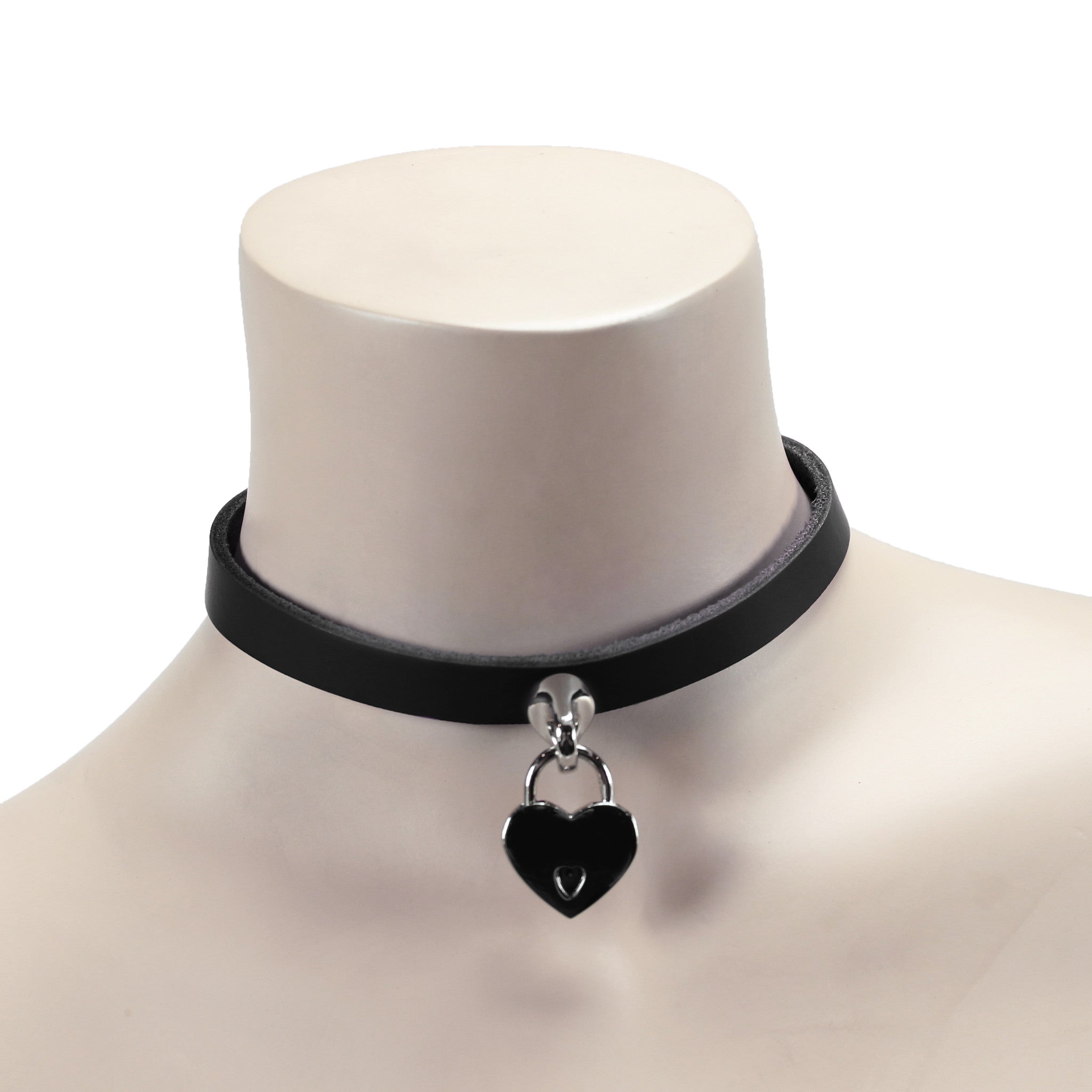 Handmade leather bondage day collar black on model