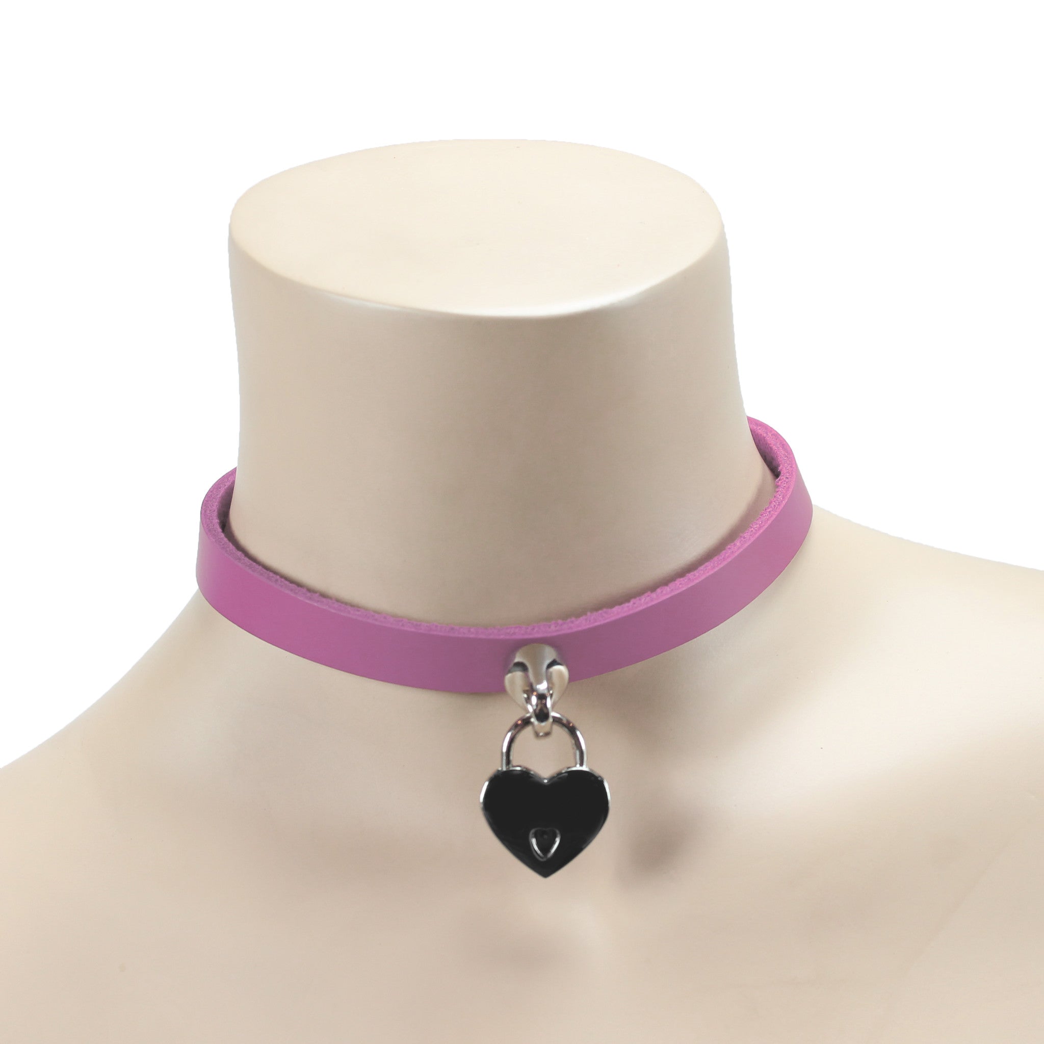 Handmade leather bondage day collar pink on model