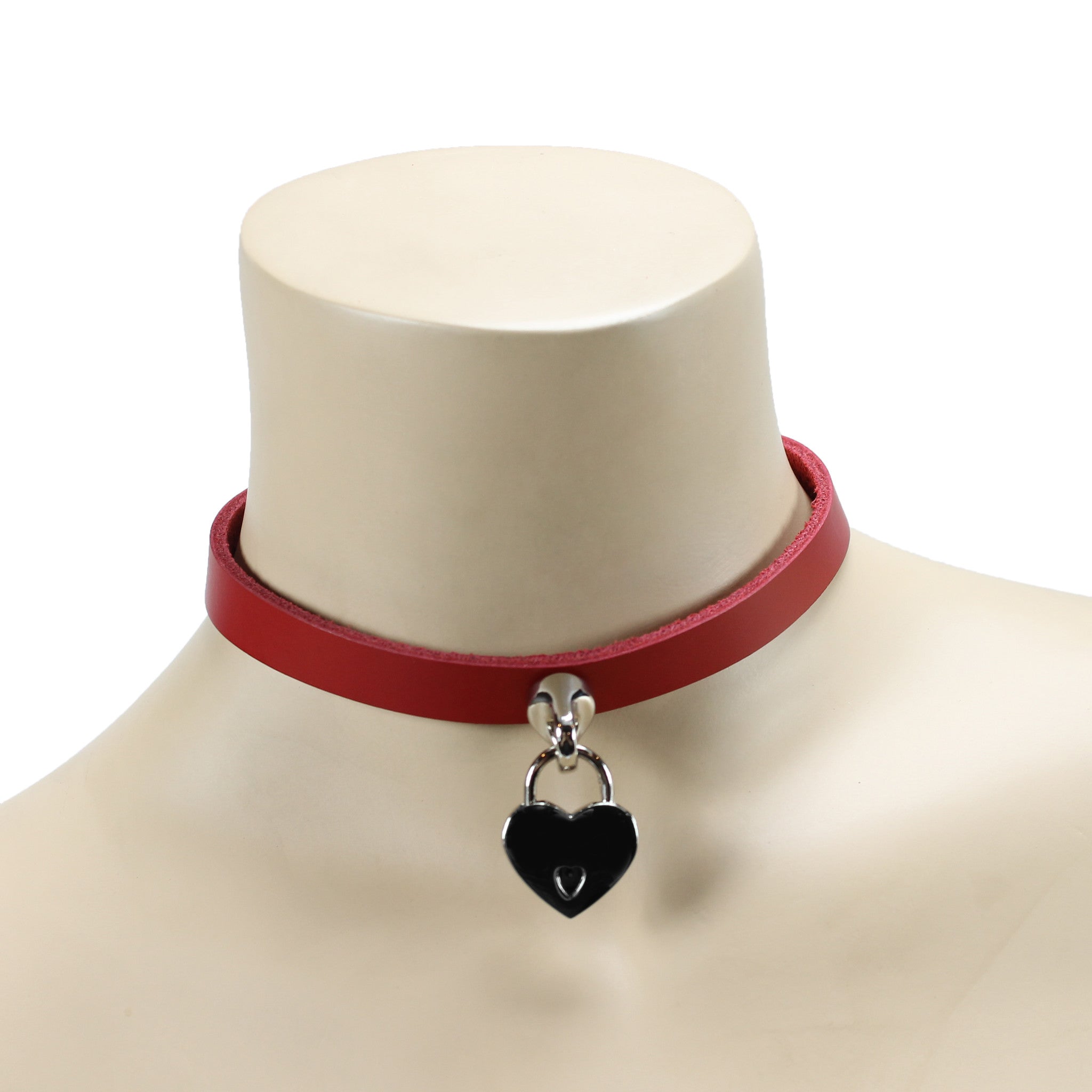 Handmade leather bondage day collar red on model