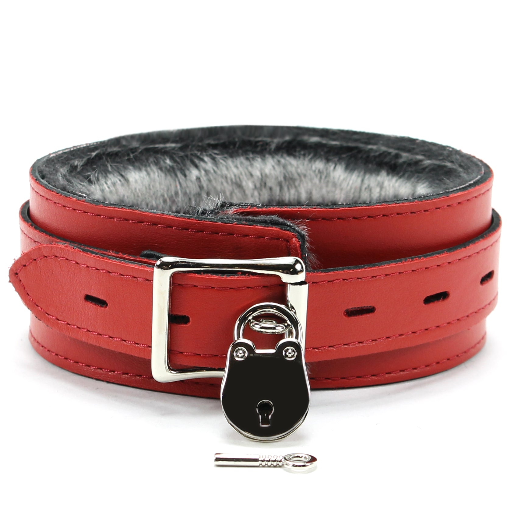 Luxury faux fur lined locking bondage collar red