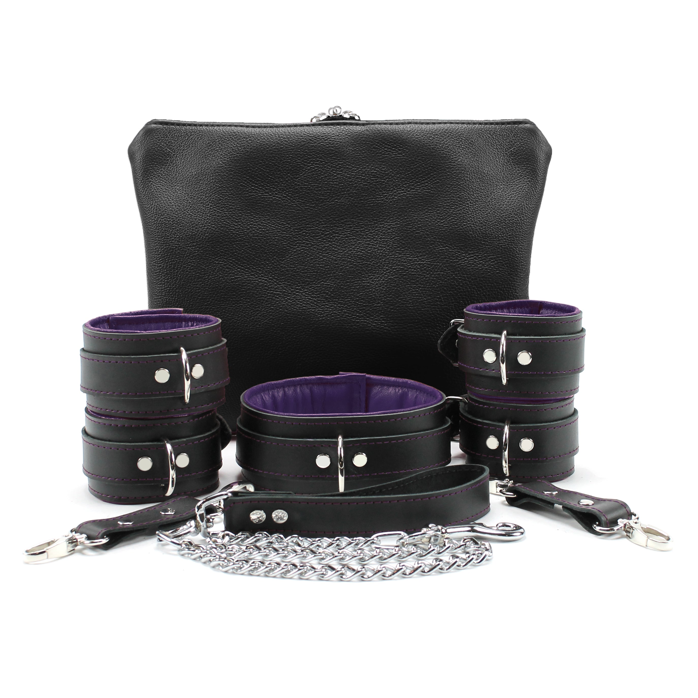 Mandrake 7-piece lambskin leather padded bondage set purple