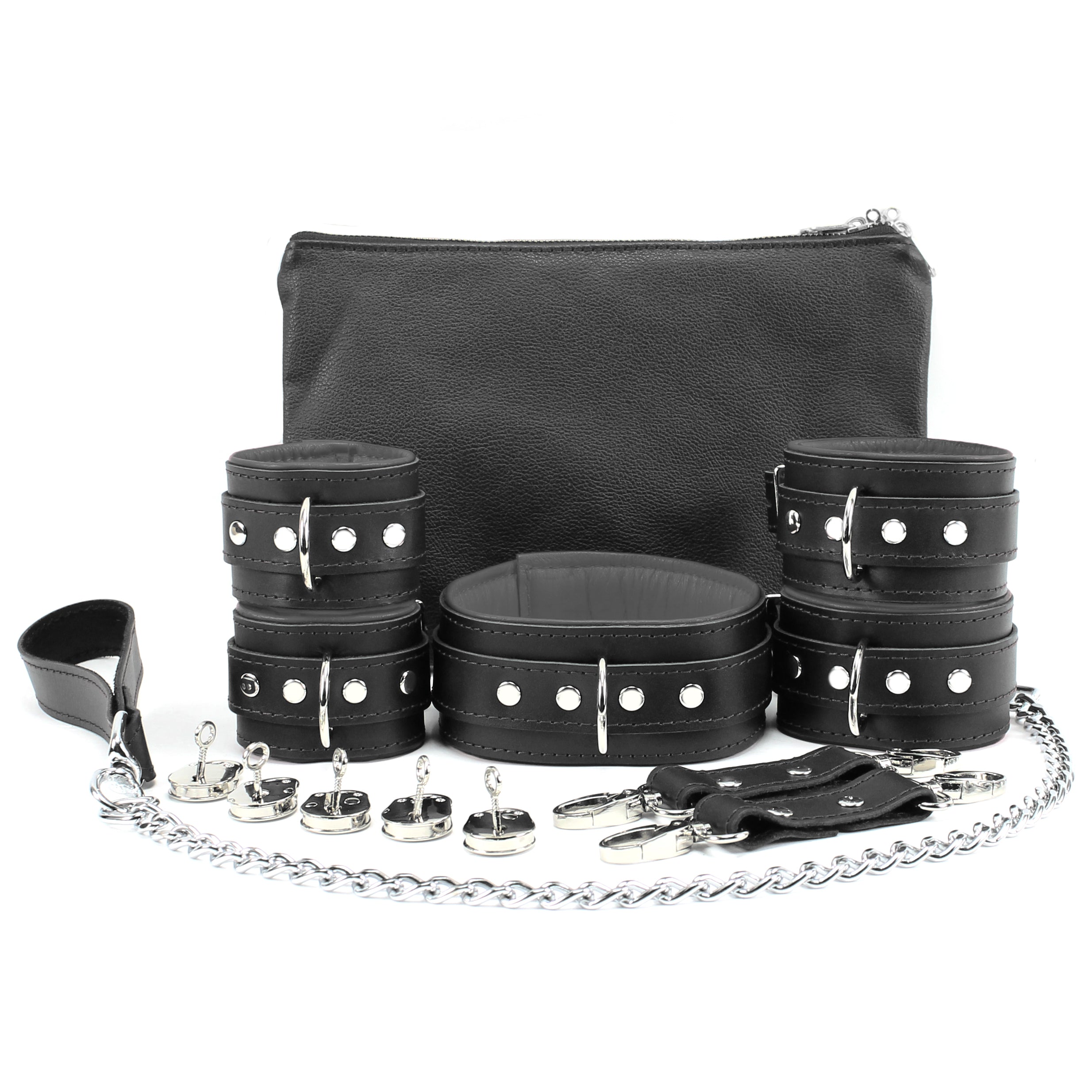 Mandrake 7-piece lambskin leather padded bondage set grey lockable