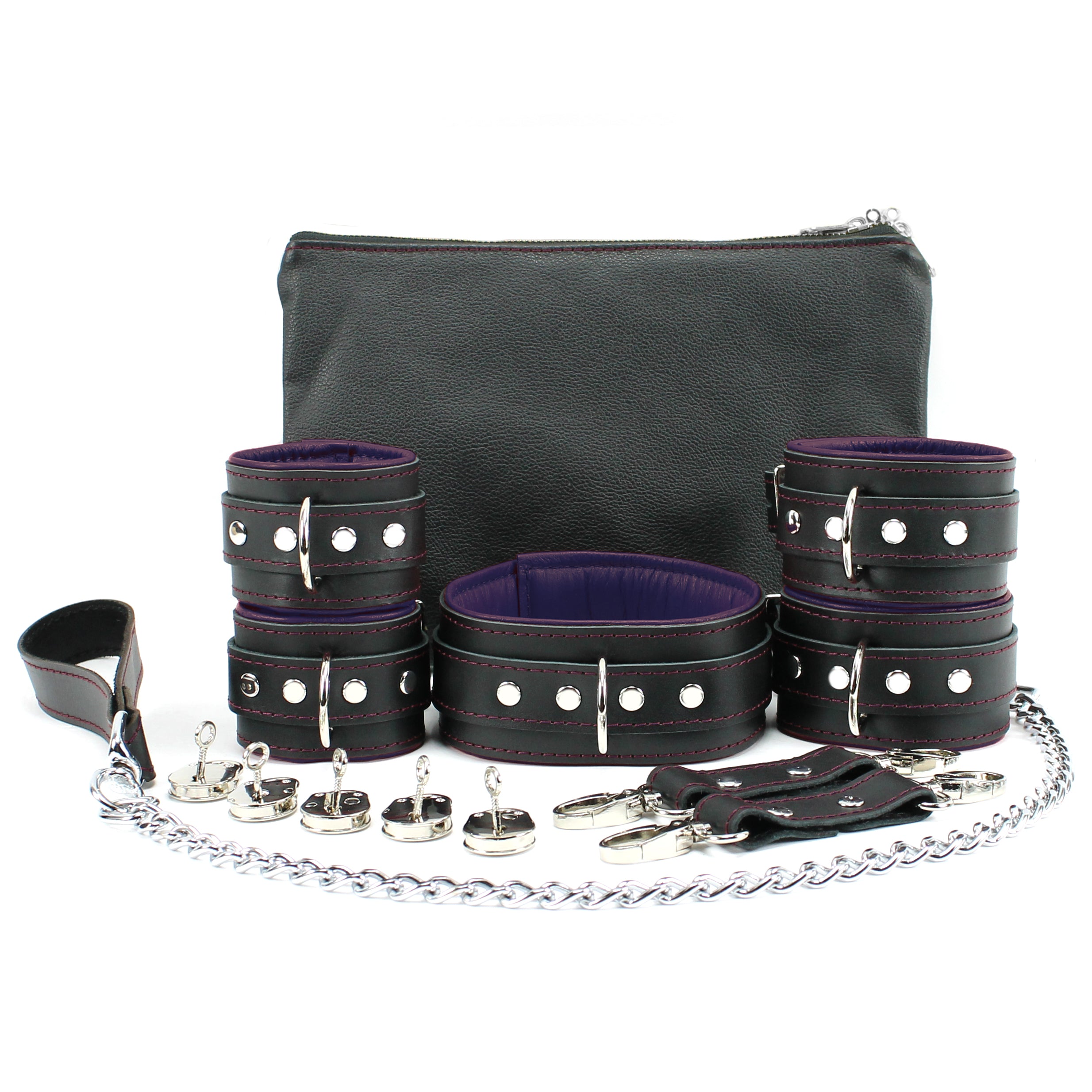 Mandrake 7-piece lambskin leather padded bondage set purple lockable