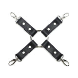 Purple and black leather 4-point bondage hogtie