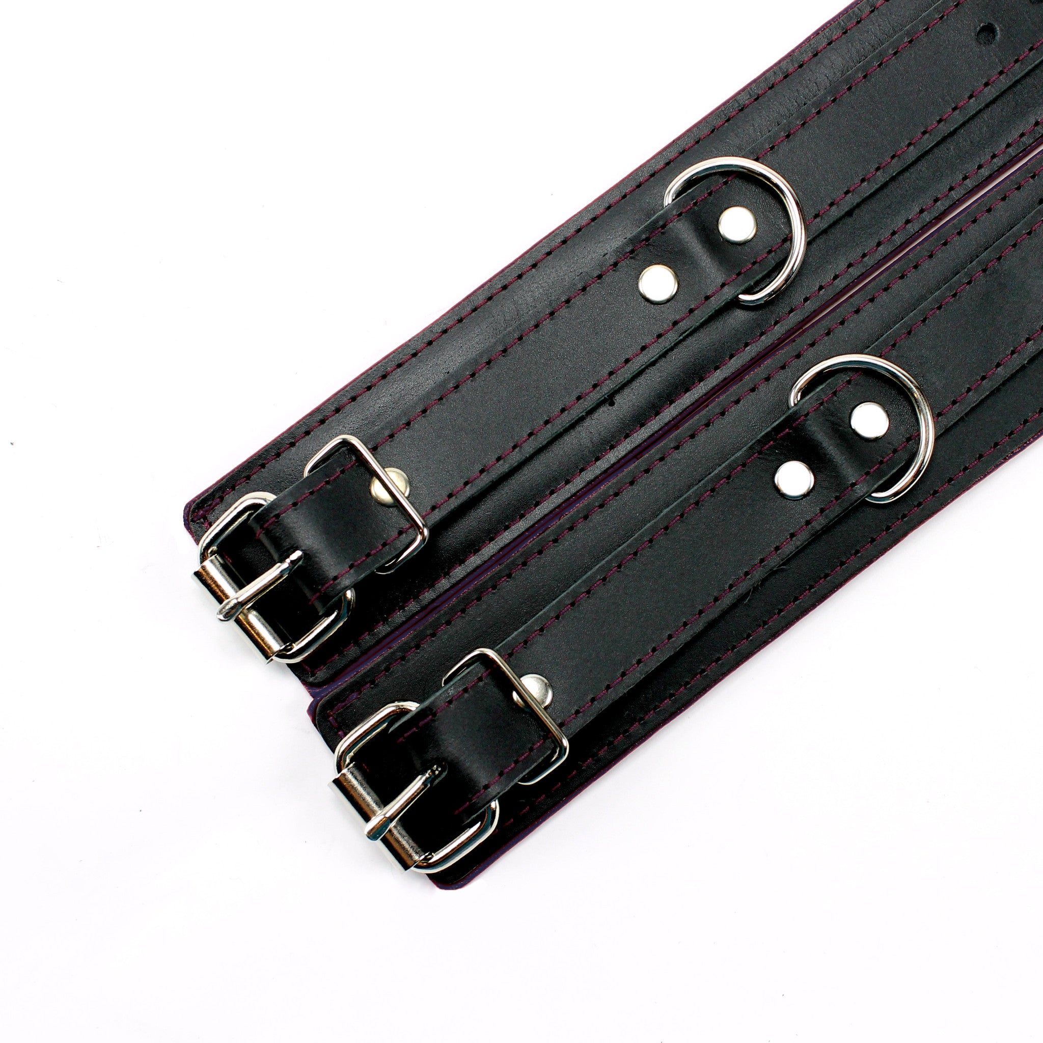 Luxury lambskin leather padded BDSM cuffs purple details