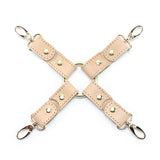 Vegetable-tanned nude leather bondage hogtie with swivel clips