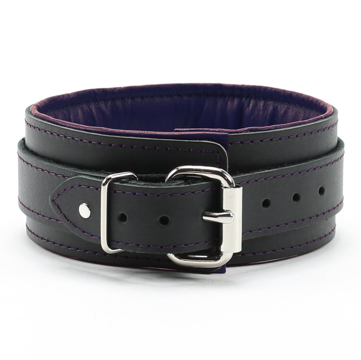 Luxury lambskin padded leather BDSM collar with adjustable collar black on deep purple