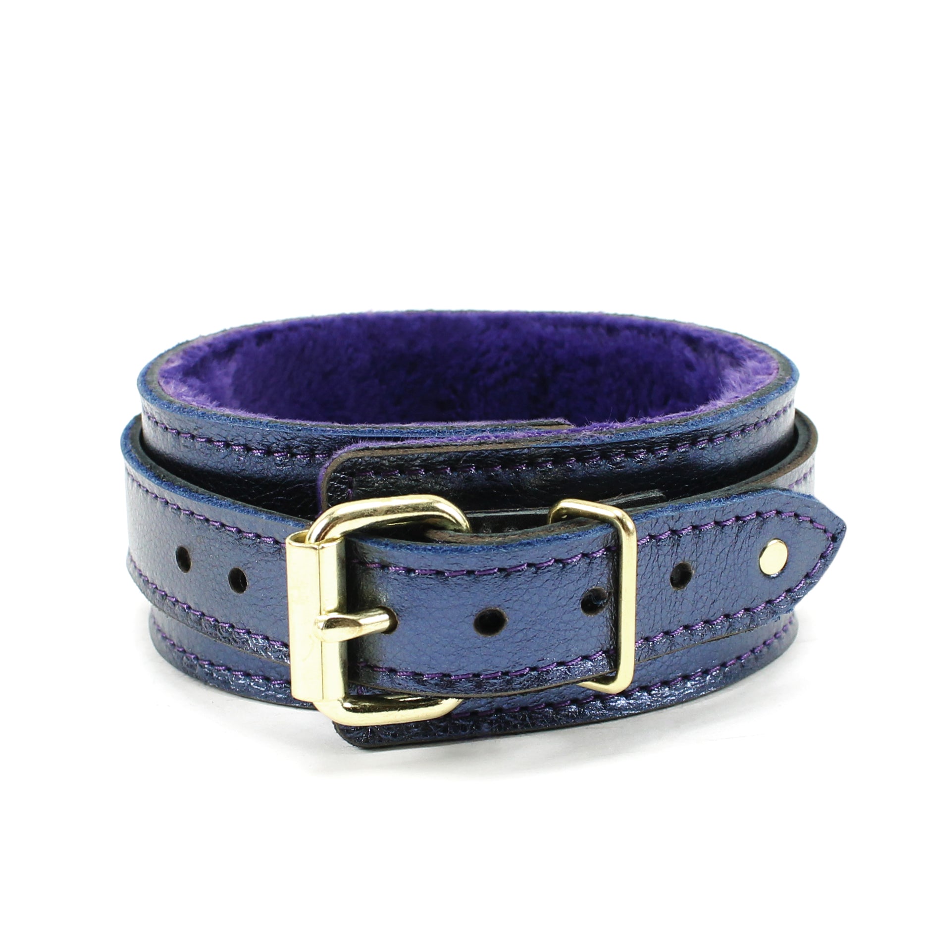 Sonya Luxury Sapphire Blue Metallic Leather BDSM Collar Gold Hardware