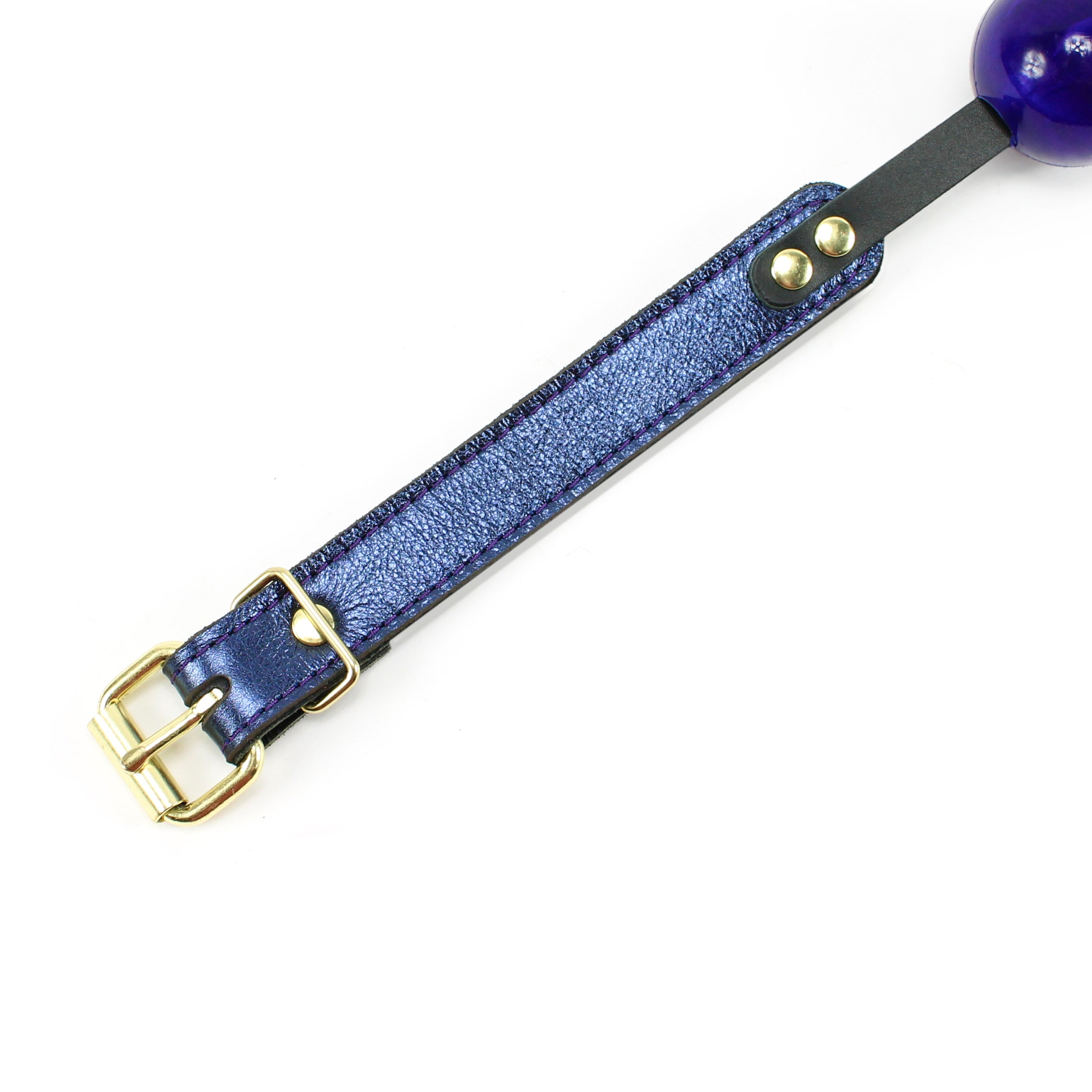 Sonya Luxury Sapphire Blue Metallic Leather BDSM Ball Gag strap buckle detail