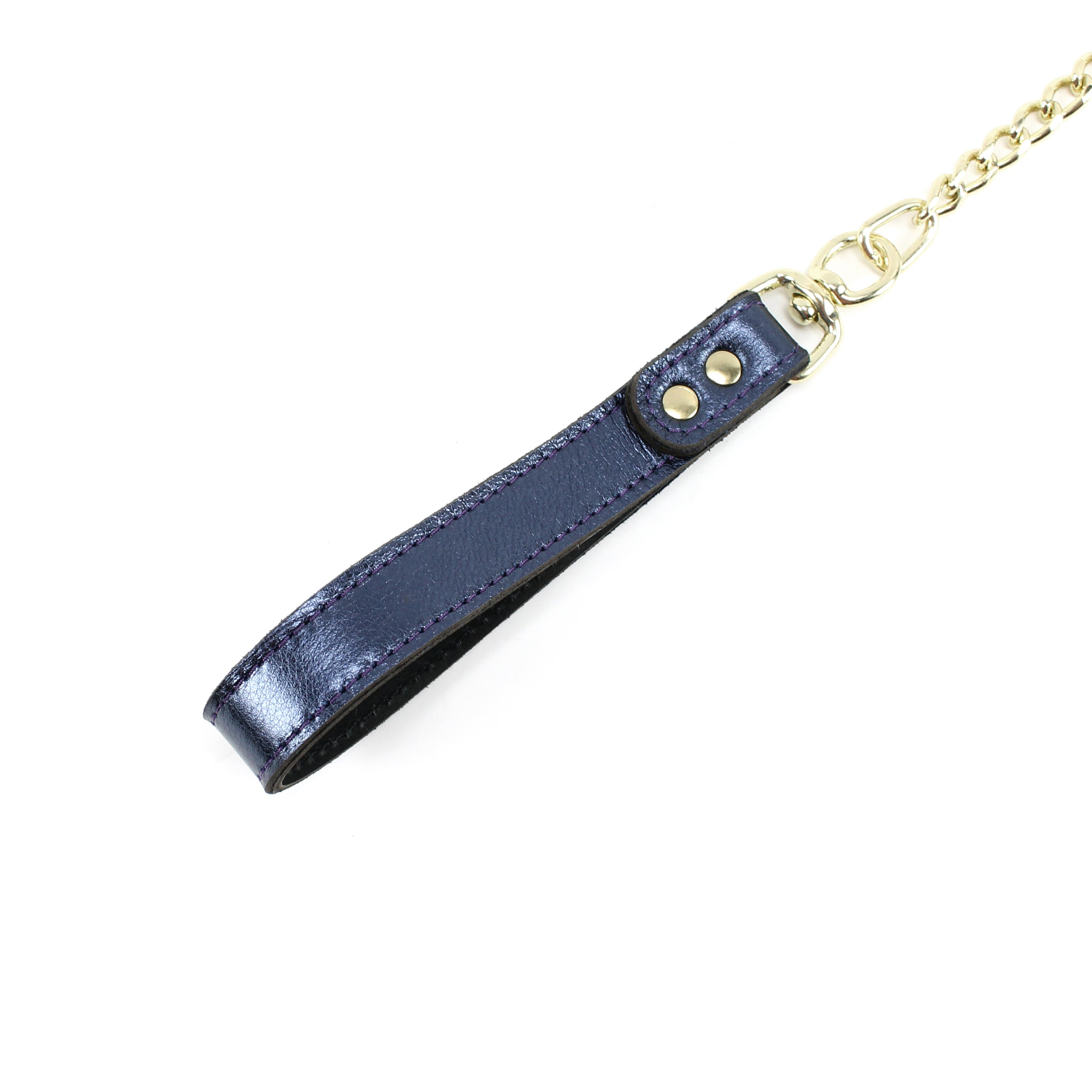 Sonya Luxury Sapphire Blue Metallic Leather BDSM lead handle closeup