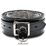 Vegan Faux Fur-Lined BDSM Collar Black Stitching Locking