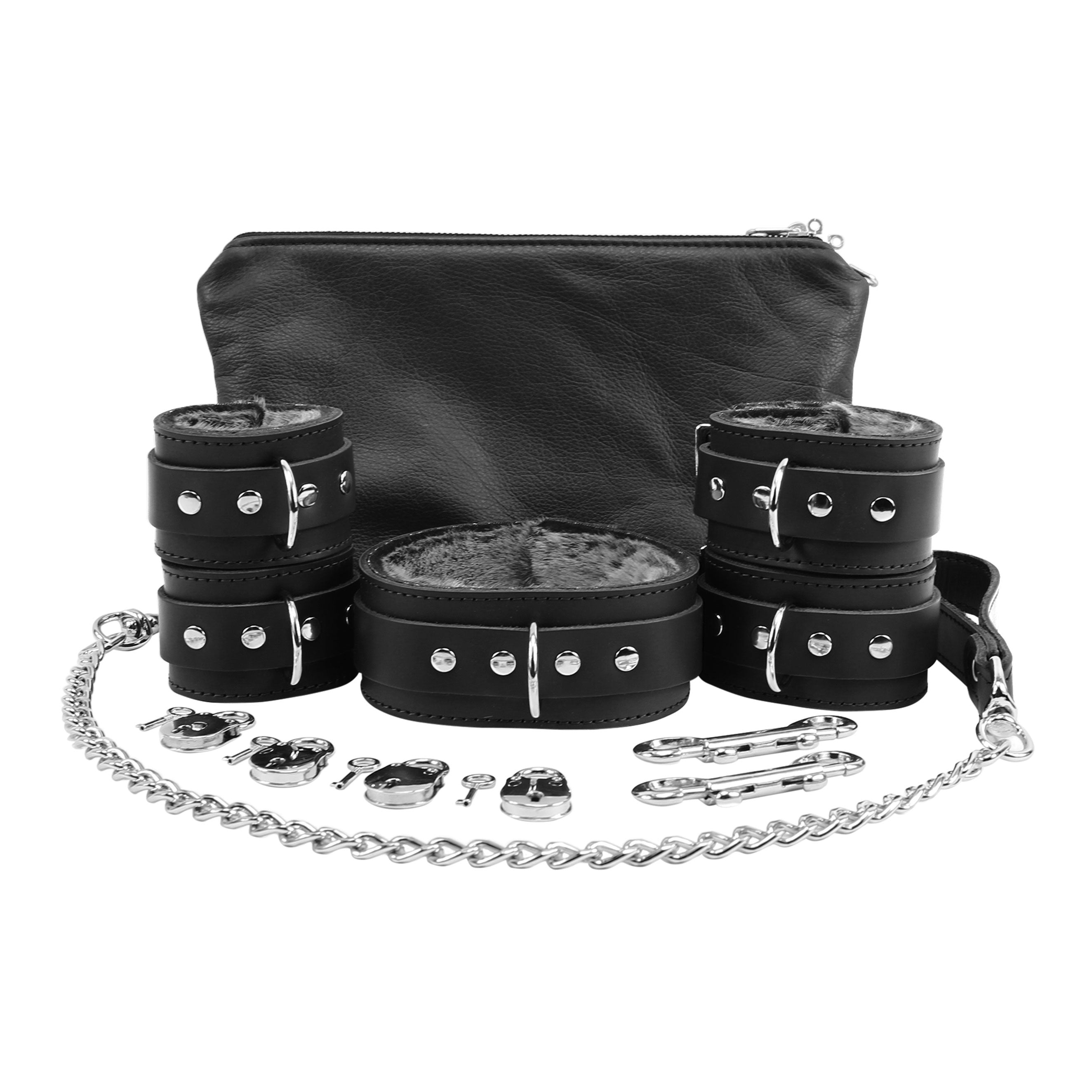 Luxury Faux fur lined leather lockable bondage set black