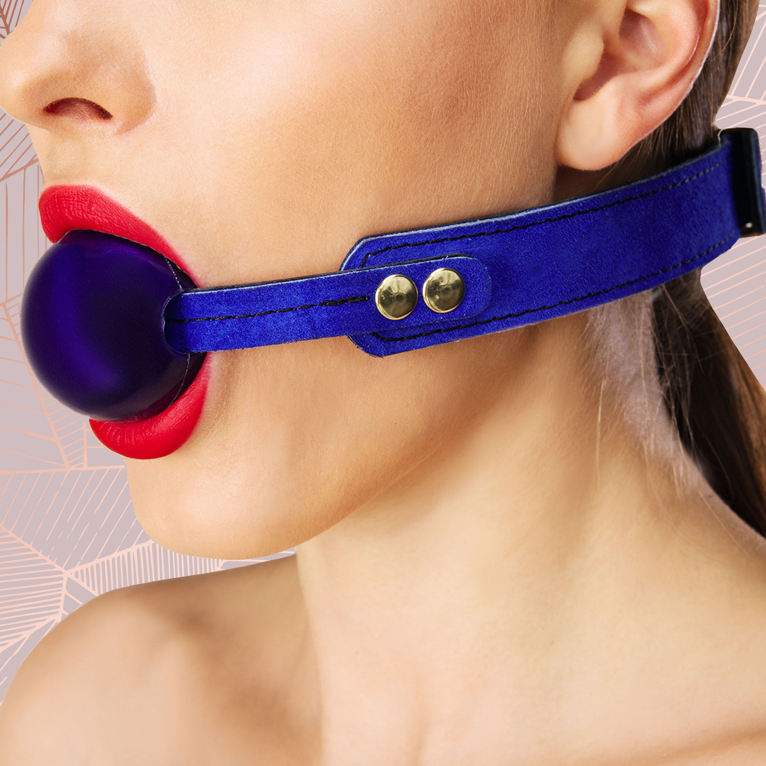 Luxury Blue Suede Ball Gag on Model