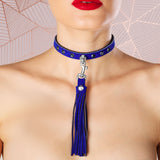 Luxury Suede BDSM Day collar Silver Hardware and Tassel on Model Front