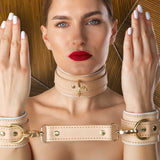 Galen Luxury Leather Medical Play Cuffs and Collar on Model