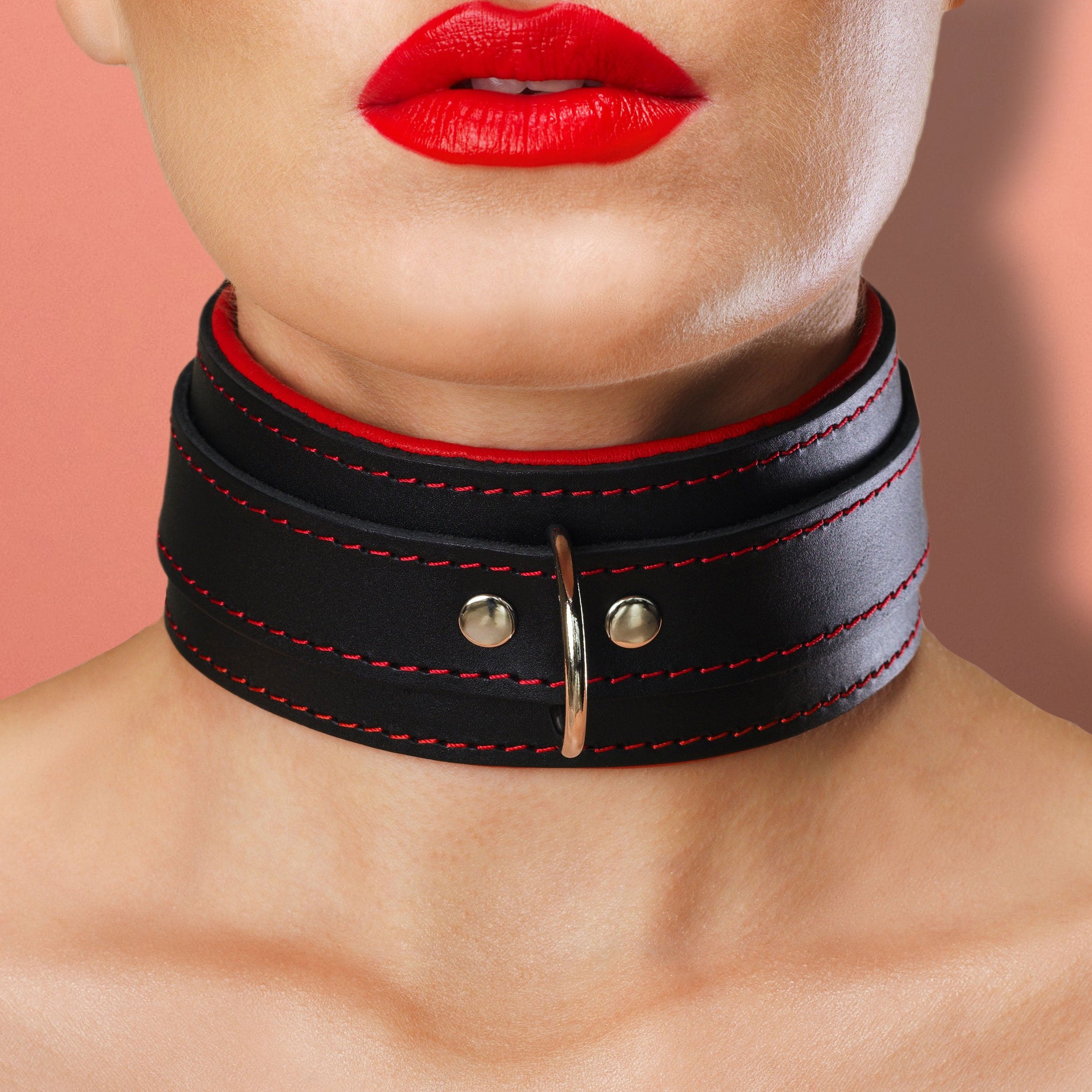 Mandrake Padded Leather BDSM Collar Red on Model