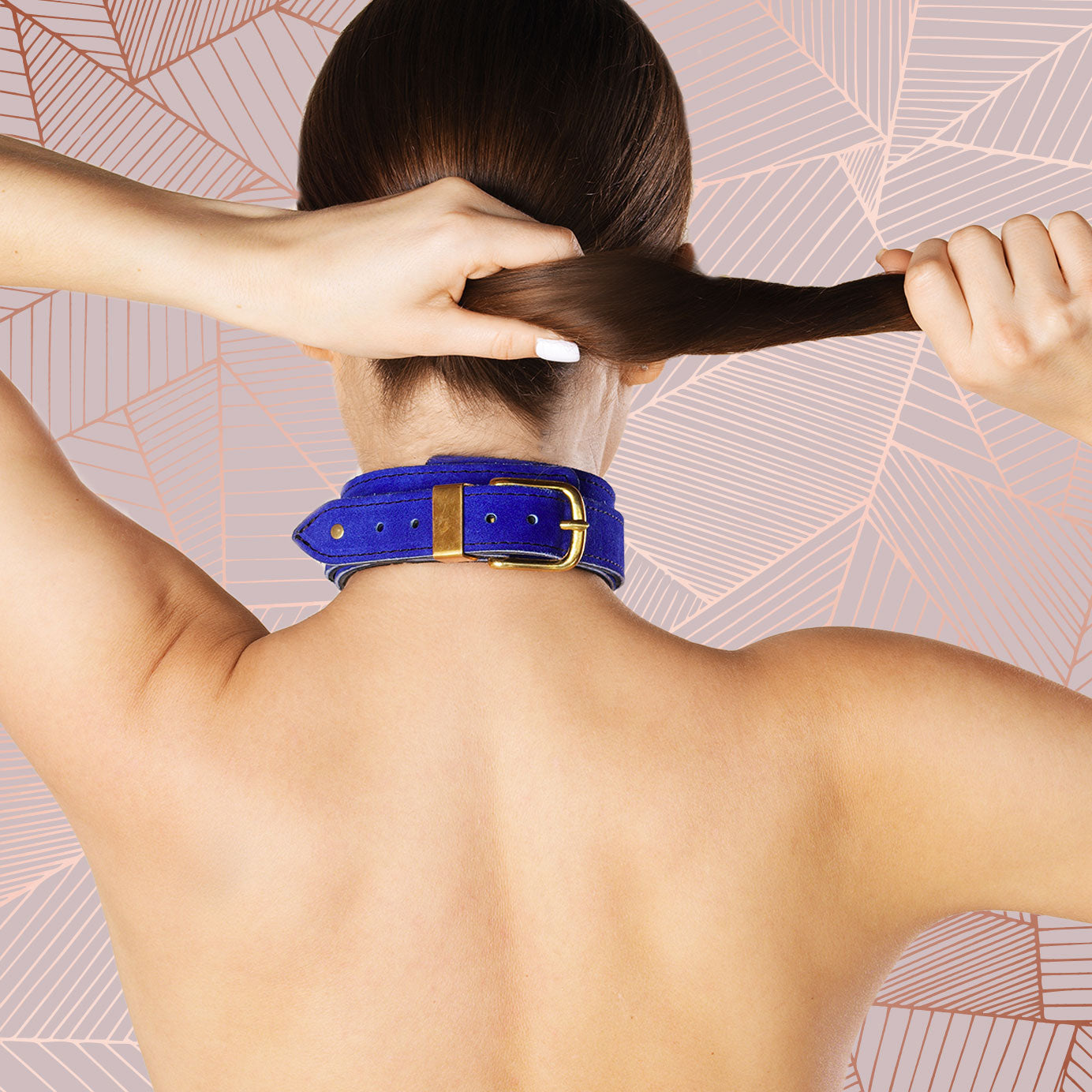 Daphne Luxury Blue Suede Bondage Collar Back on Model