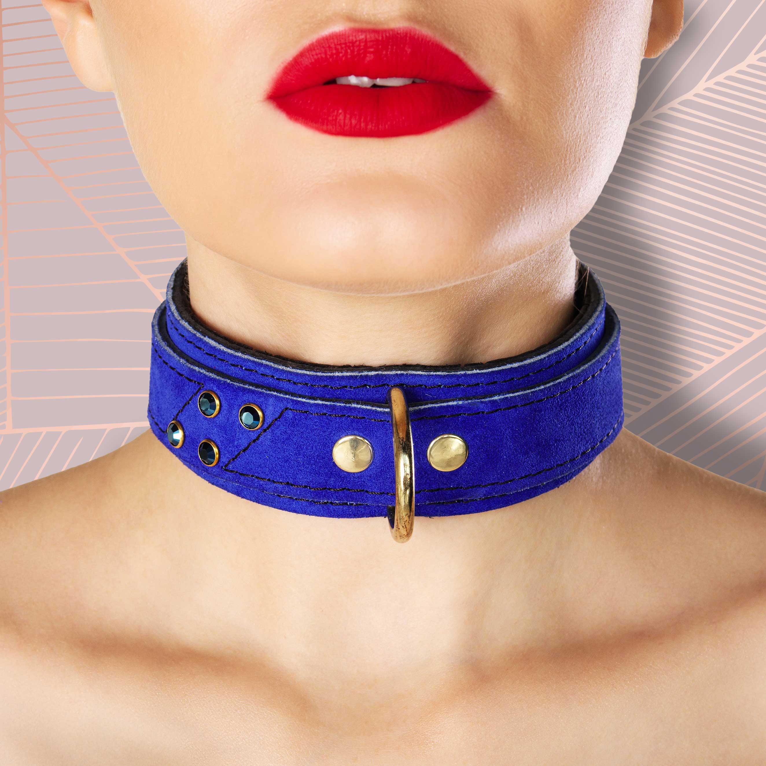 Daphne Blue Suede Bondage Collar Front on Model