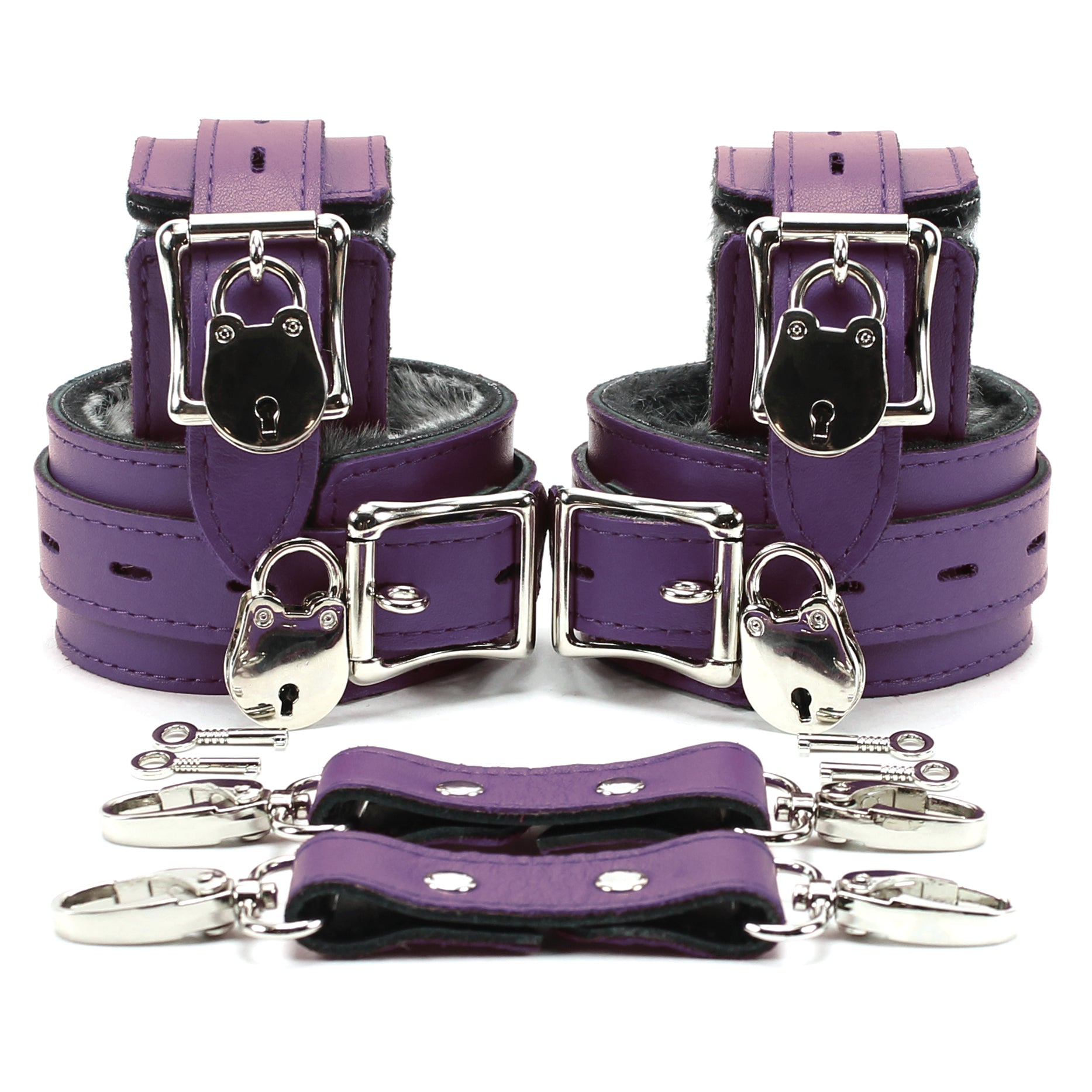 Berlin Locking Faux Fur Lined Leather BDSM Cuffs Purple
