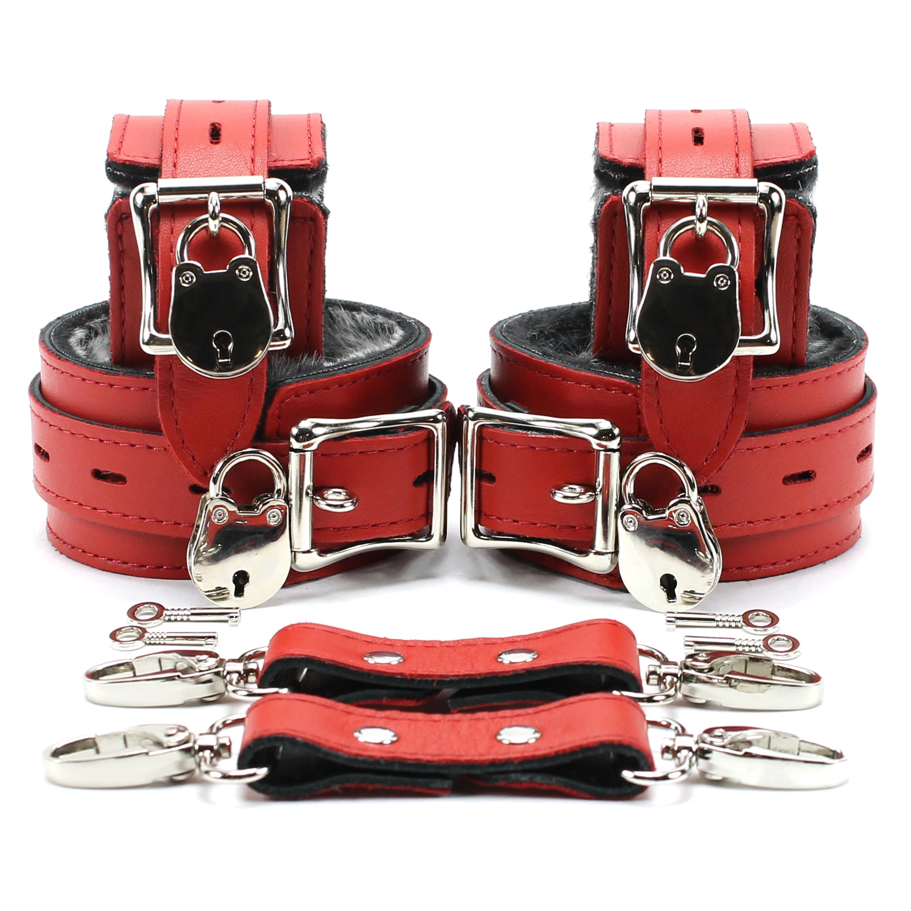 Berlin Locking Faux Fur Lined Leather BDSM Cuffs Red