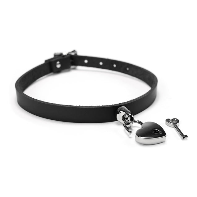 Handmade leather bondage day collar black with heart-shaped padlock