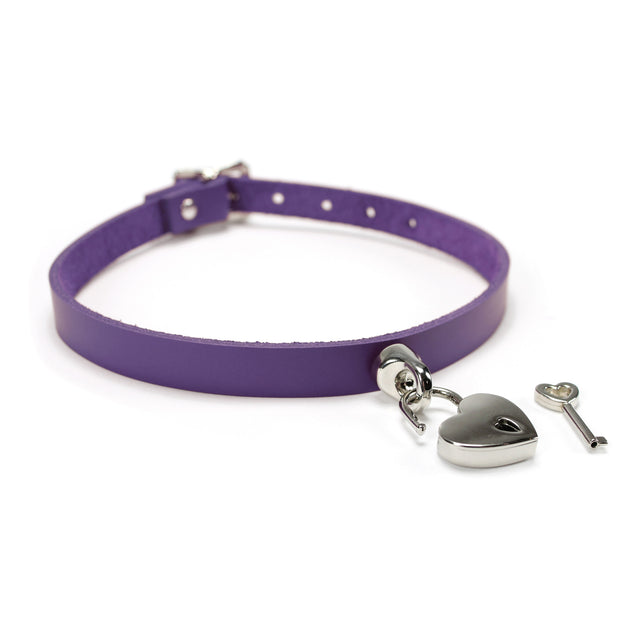 Handmade leather bondage day collar purple with heart-shaped padlock