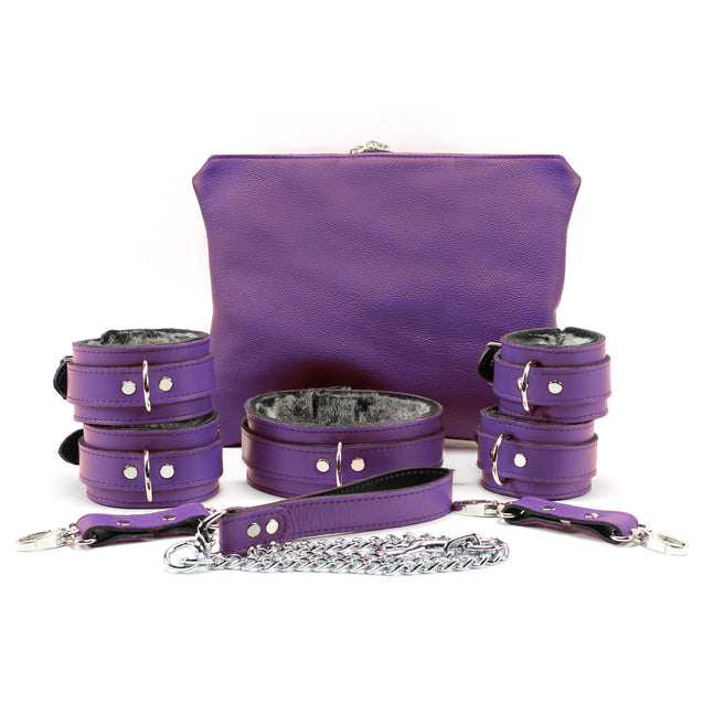 Luxury Faux Fur Lined Bondage Set Purple Leather 7-piece