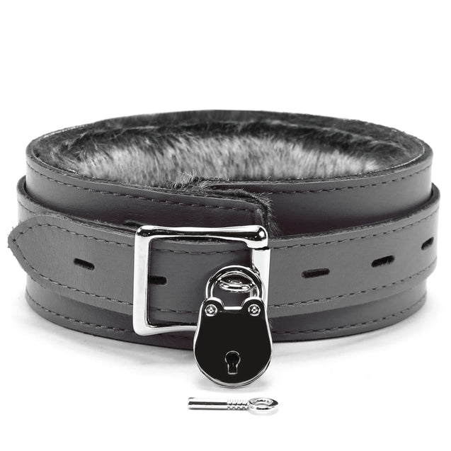 Luxury faux fur lined leather locking bondage collar grey