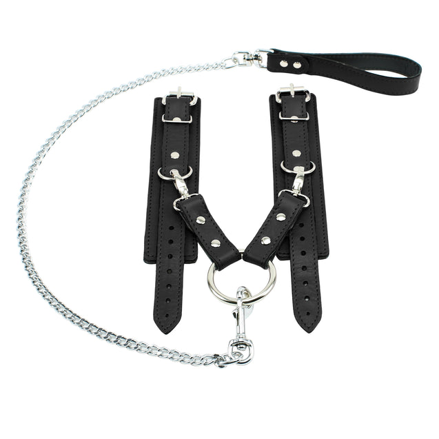 Berlin BDSM Cuff Chain Hogtie Set Black Leather