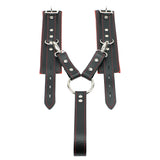 Lockable leather BDSM cuff and hogtie set red
