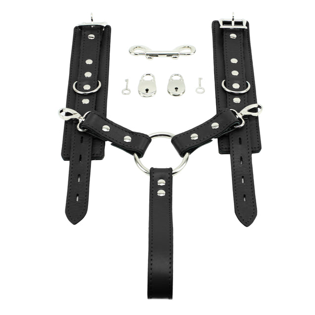 Berlin Lockable Leather BDSM Cuffs Hogtie Set Black
