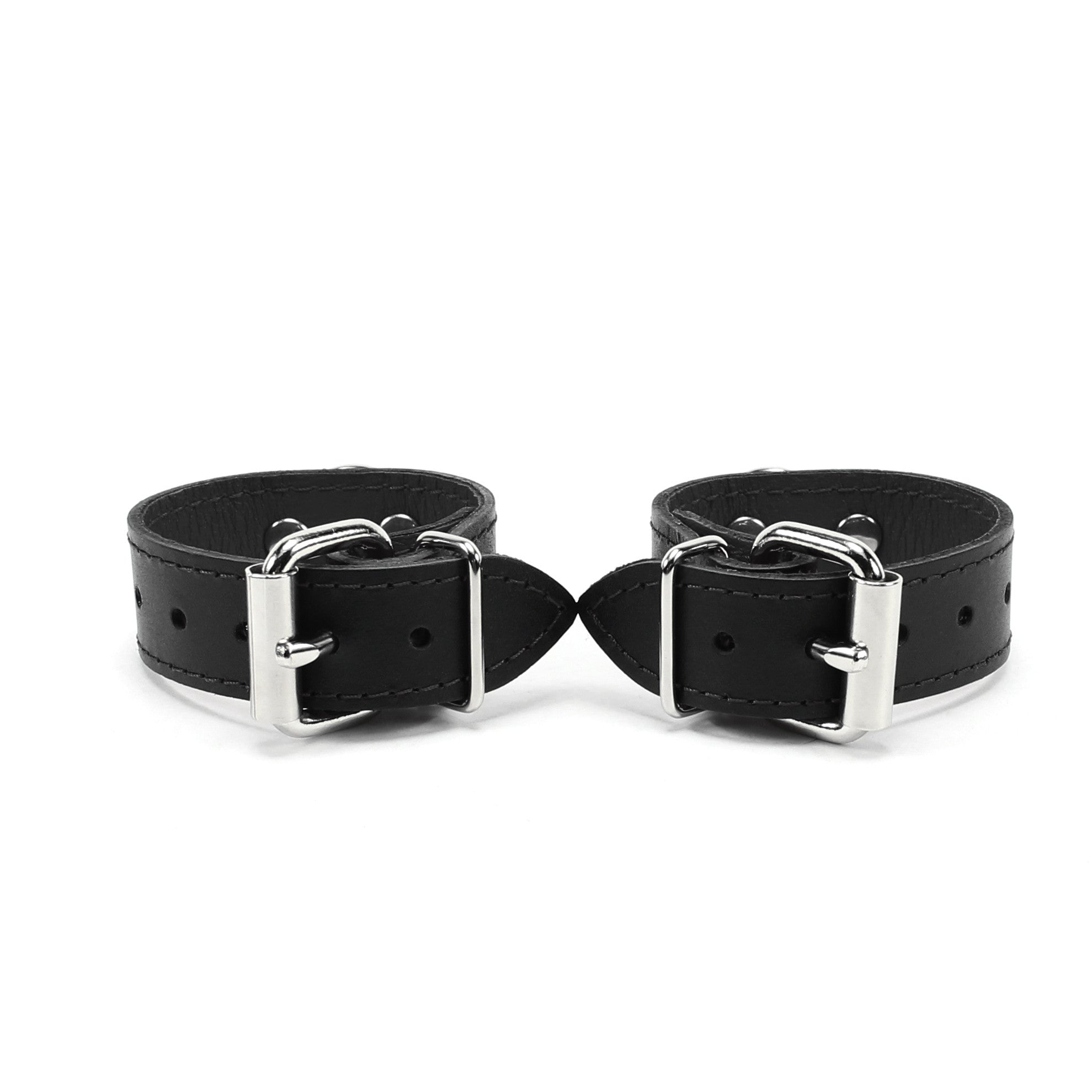 back of 1-inch wide black padded leather BDSM cuffs