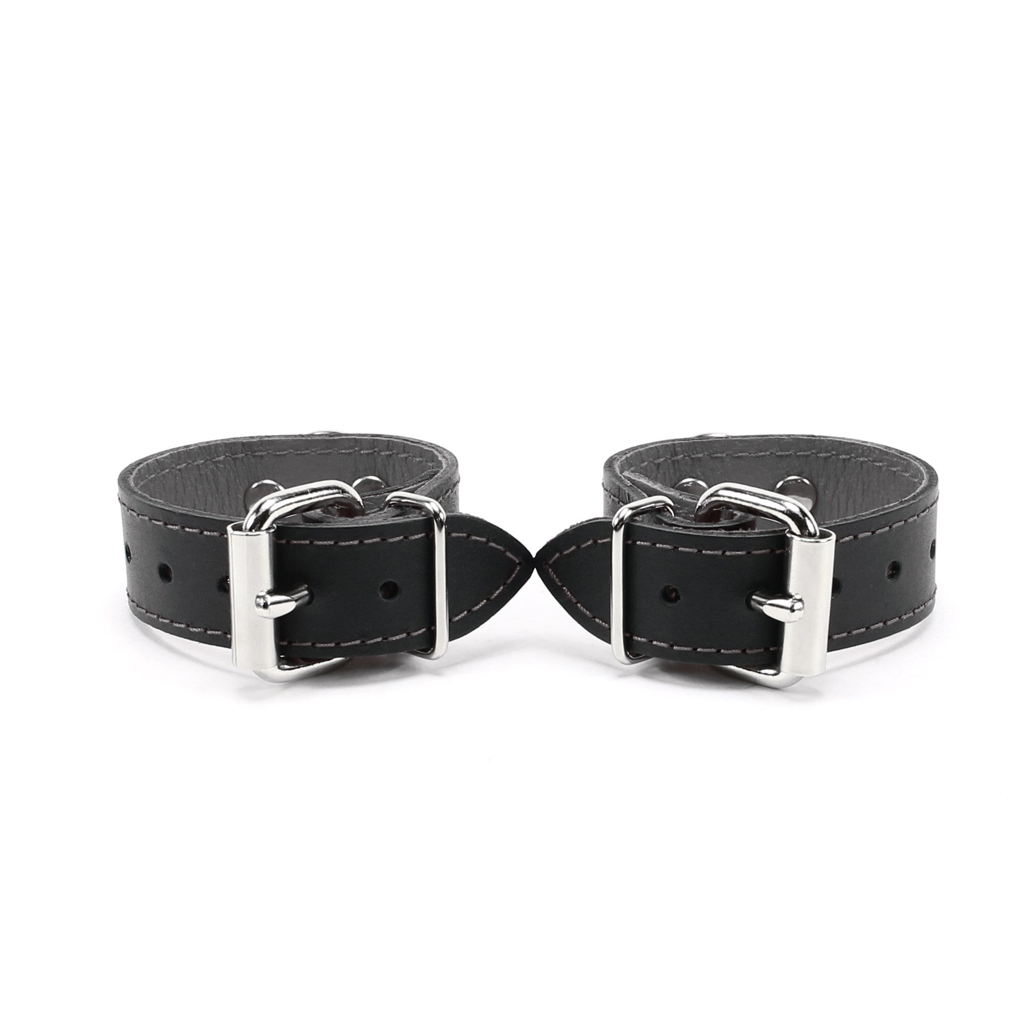 back of 1-inch wide grey padded leather BDSM cuffs