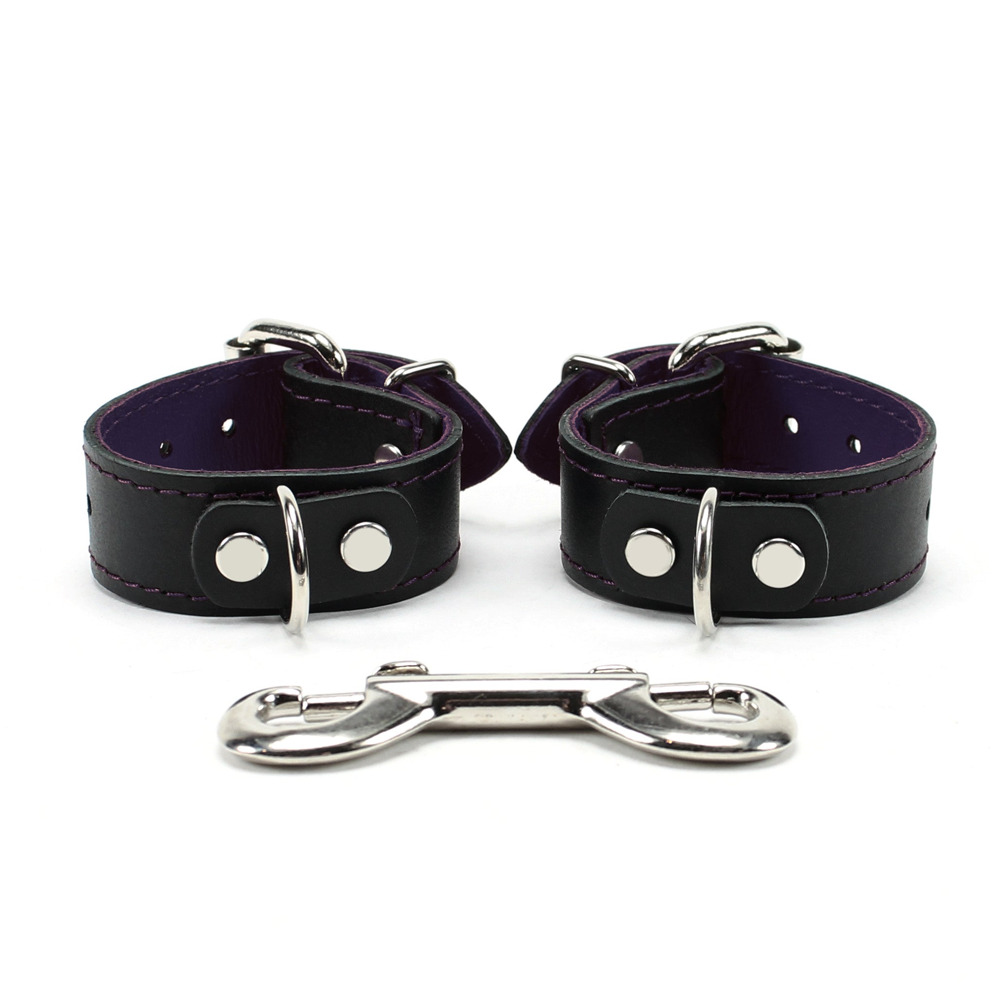 1-inch wide purple padded leather BDSM cuffs