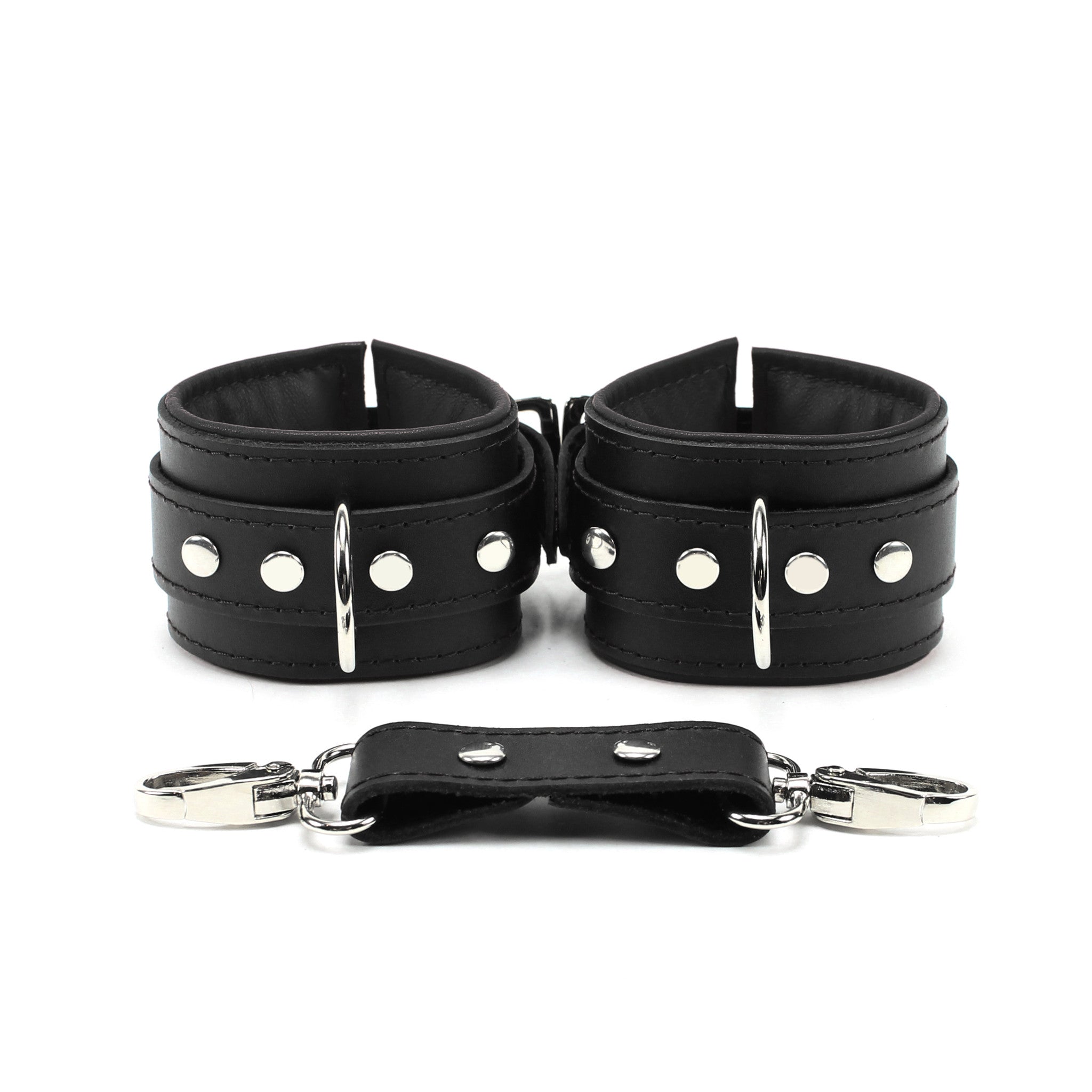 black front locking leather bdsm cuffs