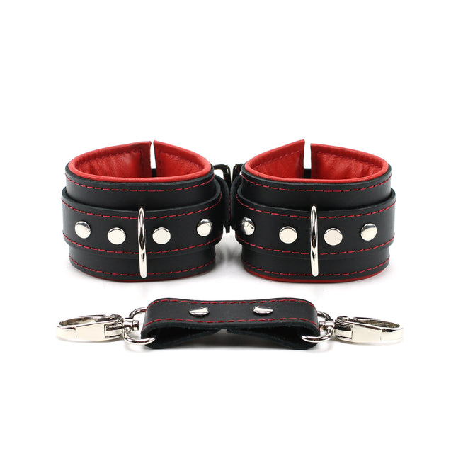 red front locking leather bdsm cuffs