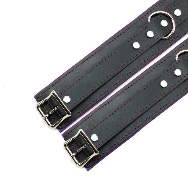 Padded Leather Locking Submissive Cuff Set Purple Topstitch