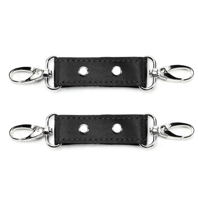 BDSM Cuff Connectors Black Leather Grey Stitching