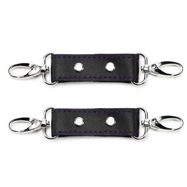BDSM Cuff Connectors Black Leather Purple Stitching