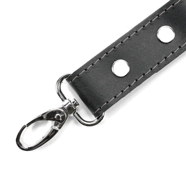 BDSM Cuff Connectors Black Leather Grey Stitching Detail