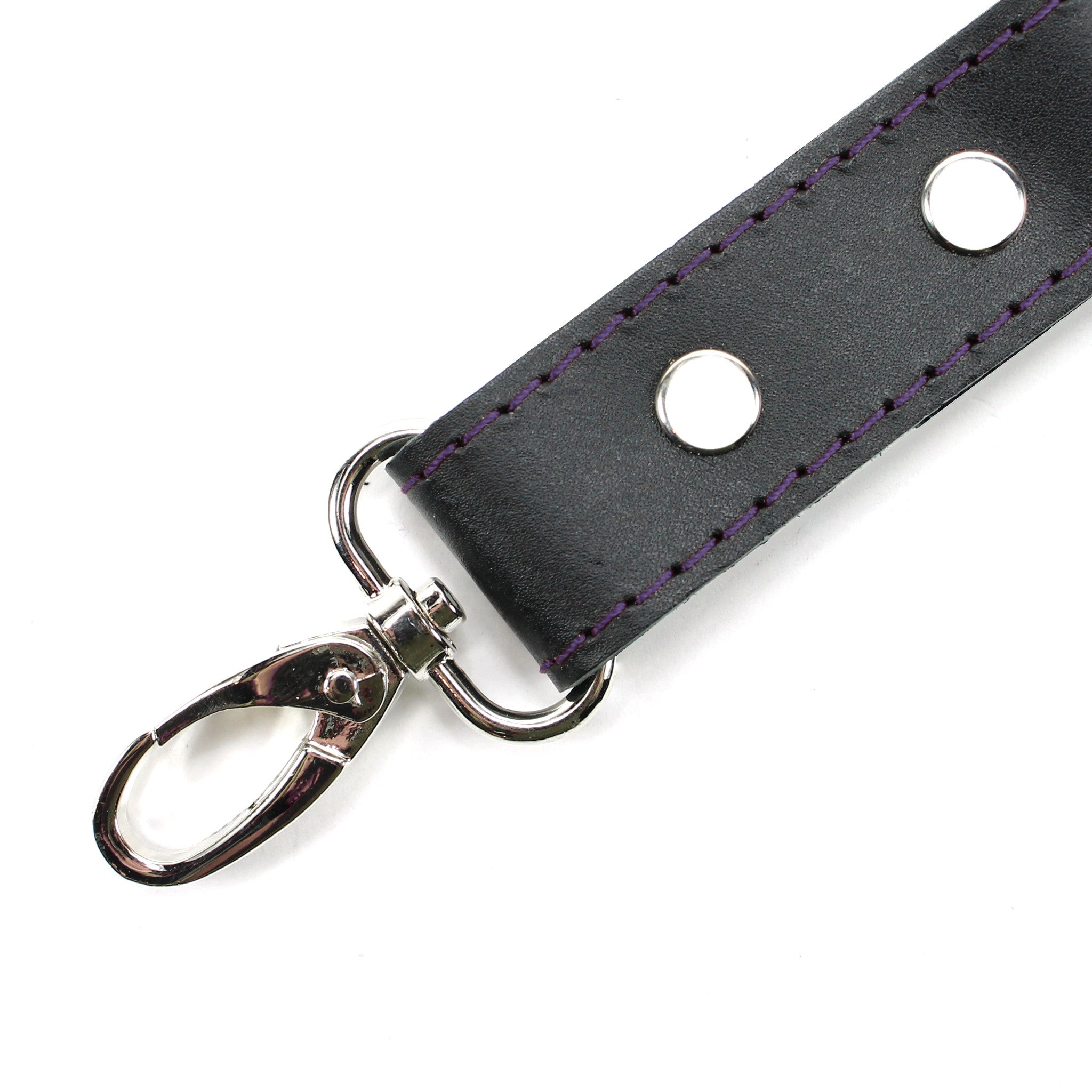 BDSM Cuff Connectors Black Leather Dark Purple Stitching