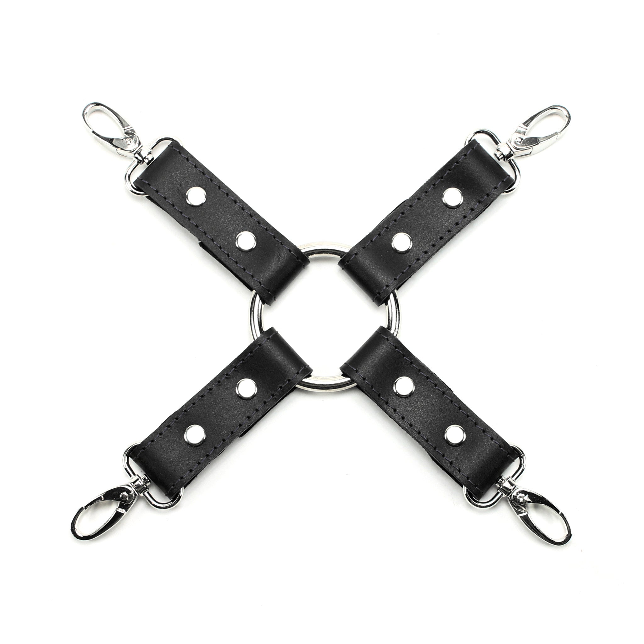 Black and black leather 4-point bondage hogtie