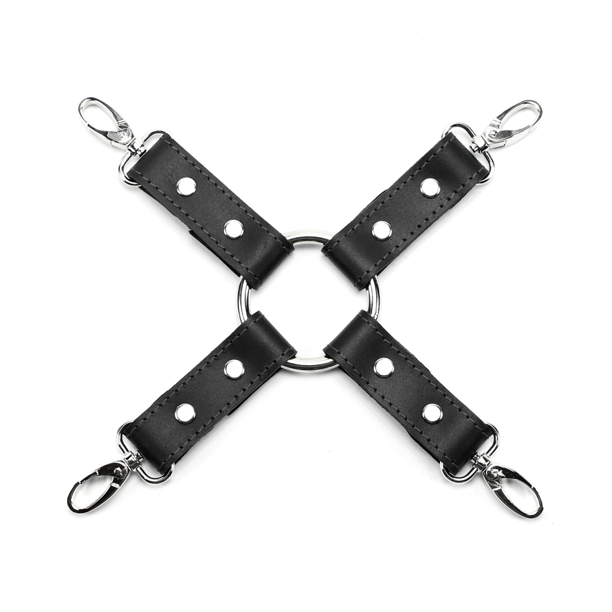 Grey and black leather 4-point bondage hogtie