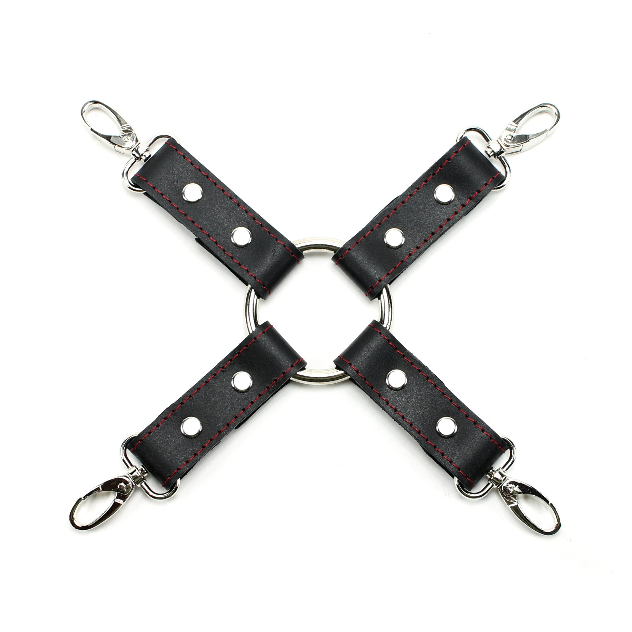 Red and black leather 4-point bondage hogtie