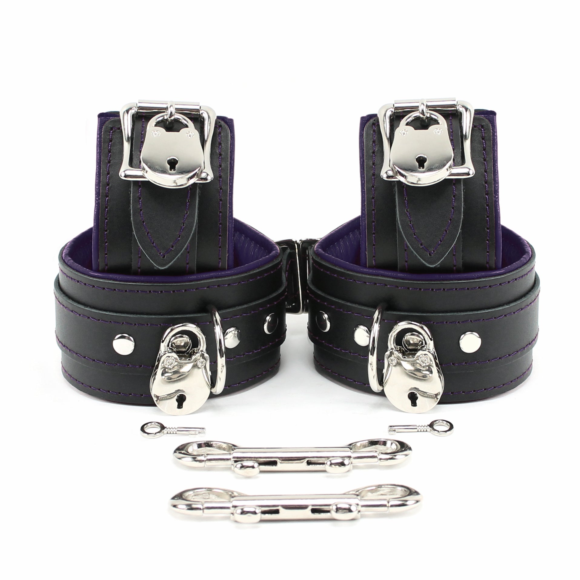 Padded Leather Locking Submissive Cuff Set Purple