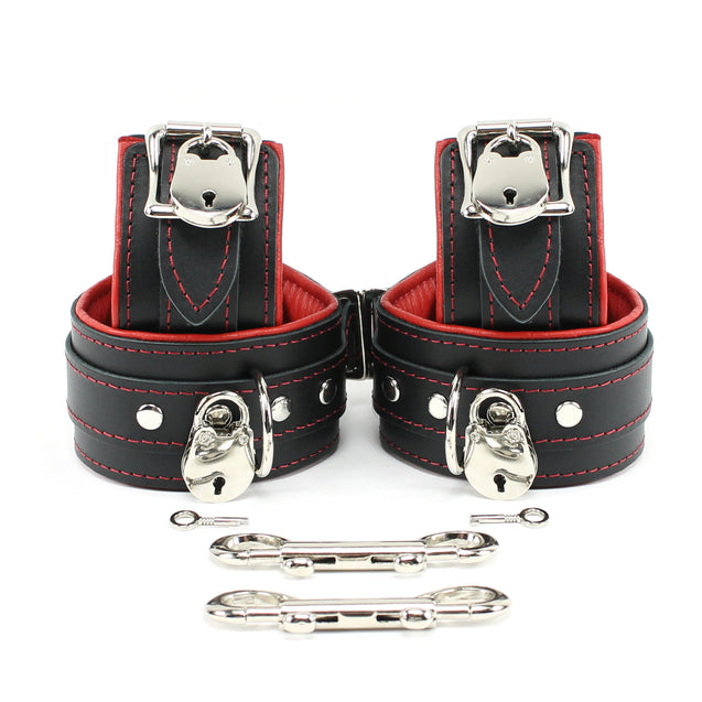Padded Leather Locking Submissive Cuff Set Red