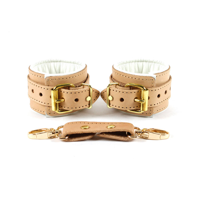 High-end nude leather padded medical play bdsm cuffs with gold-plated buckles