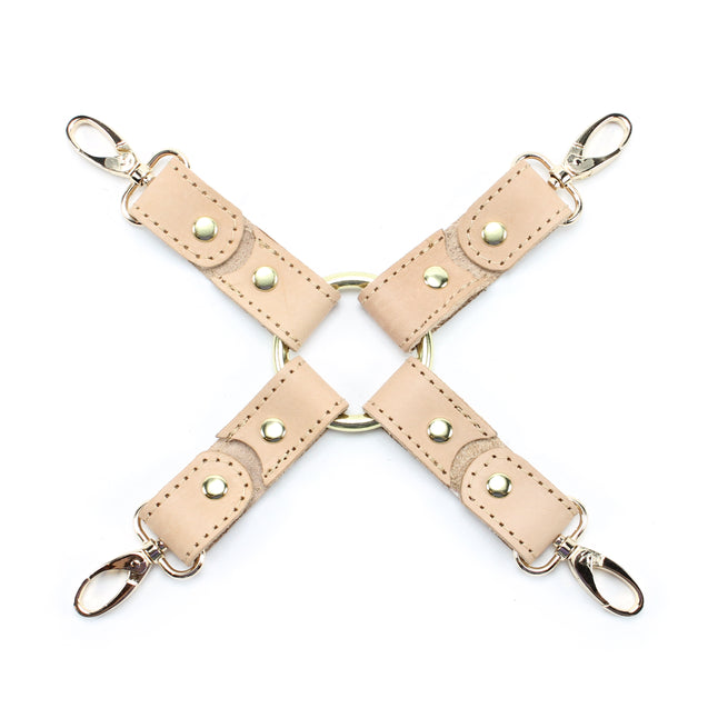 Vegetable-tanned nude leather bondage hogtie with swivel clips