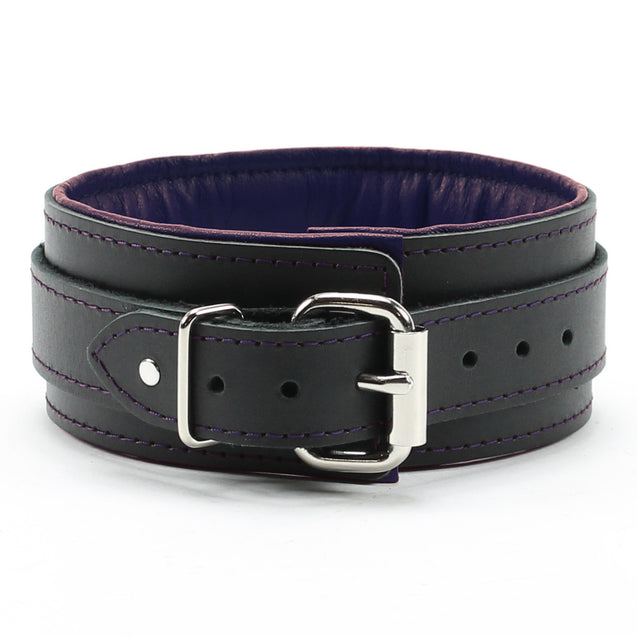 Luxury lambskin padded leather BDSM collar with adjustable collar black on deep purple