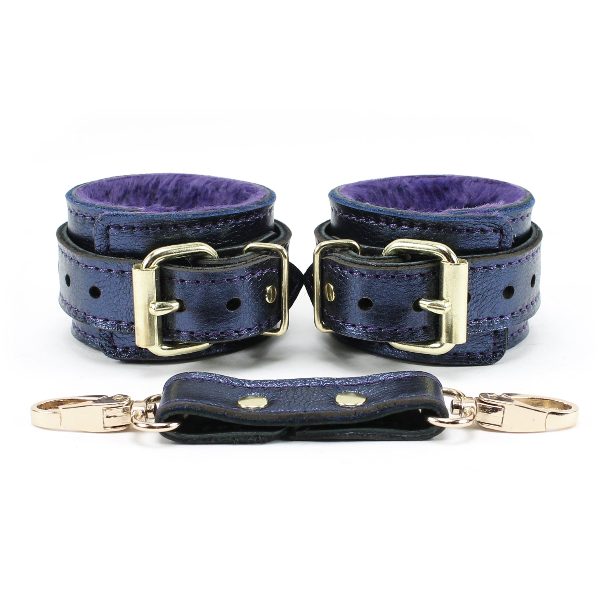 Special edition blue sapphire metallic leather bondage cuffs with cuff connector